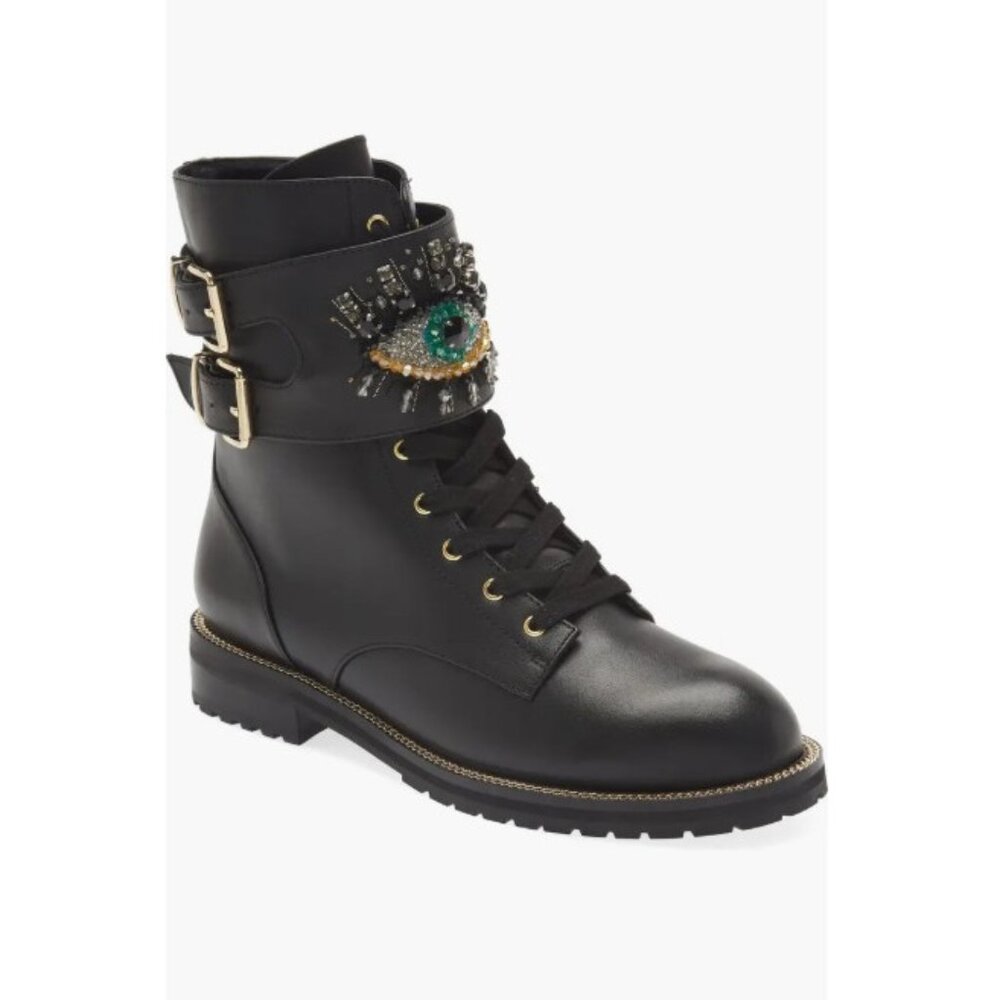 Kurt Geiger Combat Boots Sutton Black Leather Eye Rhinestones Black SZ 39 EU